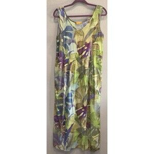 Jams World Honolulu Tropical Leaf Print Maxi Dress Womens L Vacation Beach Luau